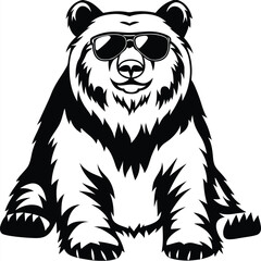 Monochrome bear sits wearing sunglasses with a happy expression and fluffy fur texture