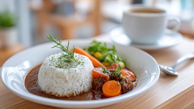 Hearty beef curry stew with rice and fresh vegetables plated on a wooden table, enjoying a meal concept