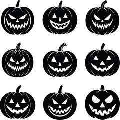 Set of Halloween Pumpkin Faces, Scary Jack O Lantern Icon Collection
