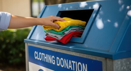 Hand donating clothes into clothing donation bin
