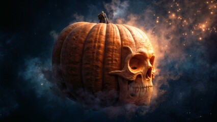 Fototapeta premium A surreal and spooky Halloween concept of a pumpkin with a human skull emerging from it, floating in a dark, misty, and starry cosmic background.
