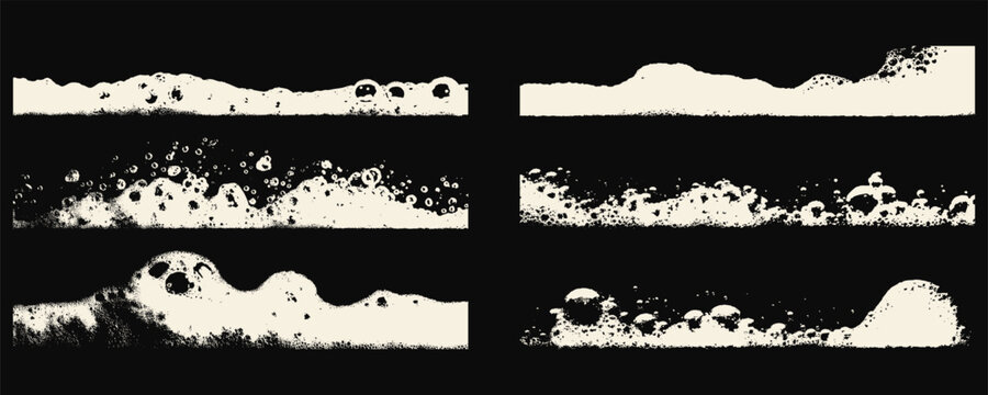 Soap foam border line textures on dark background. Sudsy bubbles and lather edges for bath or cleaning product mockups. Grunge detergent splash design overlay.