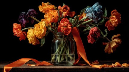 Bouquet of wilted poppies with orange awareness ribbon symbolizing domestic violence prevention