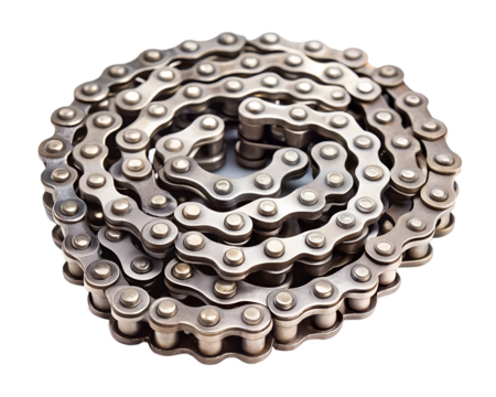 Rolled up bicycle chain, a vital component for power transmission, isolated on transparent background