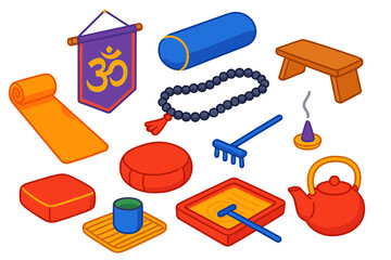 Yoga Essentials Icons. Isometric vector illustration set Yoga and Mindfulness Essentials: suede yoga mat, OM tapestry, bolster