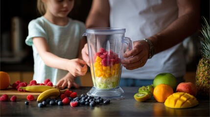 Child and dad making fruit smoothie together with blender and fresh fruit