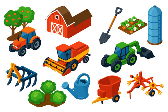 Agricultural Equipment Icons. Isometric vector illustration set agriculture: orchard tractor, classic barn, strawberry plants, hoe