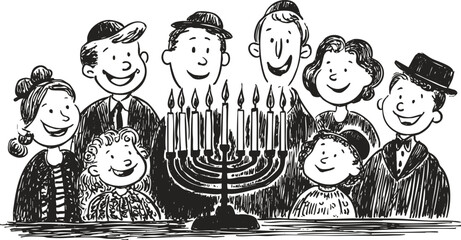 Happy family celebrating Hanukkah with menorah and candles. Vintage hand drawn ink vector for Jewish holiday design.