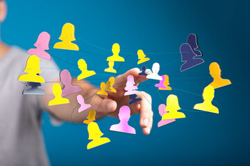 Hand reaching towards network of connected people symbolizing teamwork, social networking, and global connection concepts. Great for business an