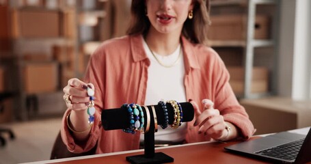 Promotion, video and woman with jewelry, small business and entrepreneur with laptop for live stream. Digital marketing, products and person with handmade bracelets, talking and sales on social media