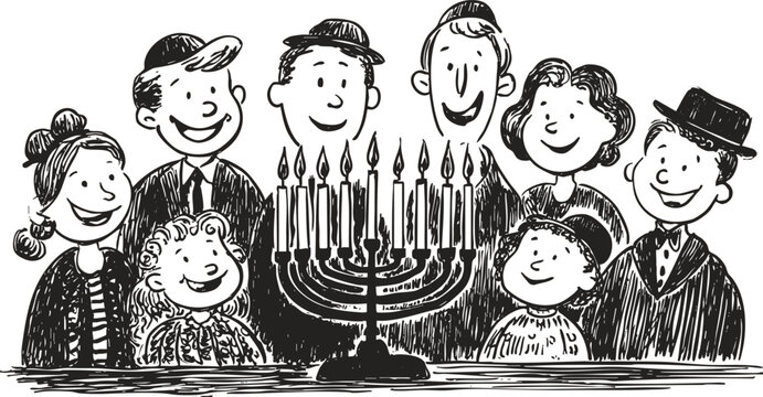 Happy family celebrating Hanukkah with menorah and candles. Vintage hand drawn ink vector for Jewish holiday design.