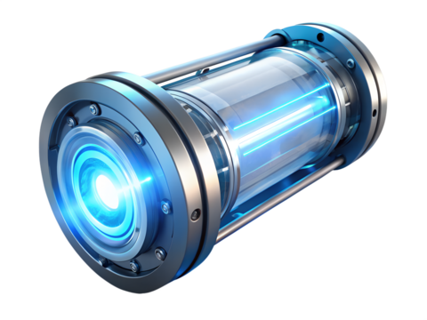 Futuristic glowing blue energy core in a metallic cylindrical container isolated on transparent background