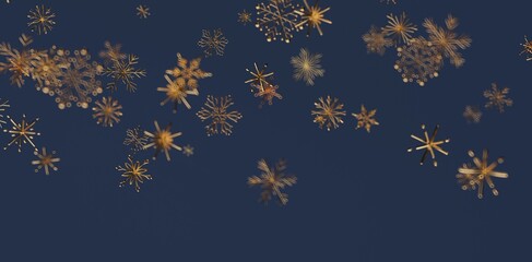 Abstract design with golden snowflakes falling on a navy background. Perfect for holiday themes, winter concepts, and seasonal greetings. Great