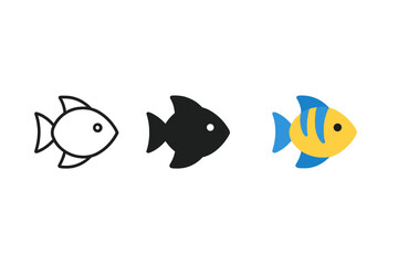 Tropical Fish Styles. Minimalist fish icon: three identical tropical fish icons in a row, first in line style with thin outline,