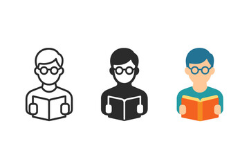 Naklejka premium Minimalist Librarian Icons. Minimalist librarian icon: three identical person with glasses and book icons in a row, first in line