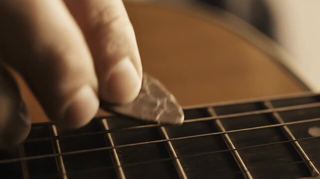 Acoustic Guitar Strings Being Strummed with a Worn Pick, Close-Up View