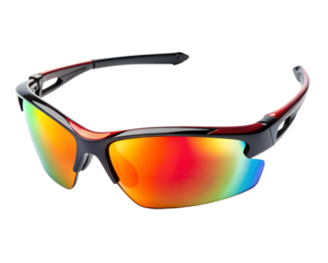 Sport sunglasses with red and blue mirrored lenses isolated on transparent background