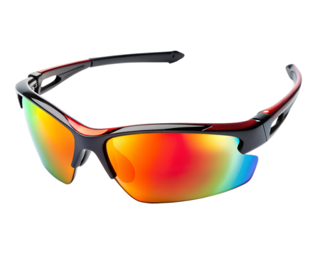 Sport sunglasses with red and blue mirrored lenses isolated on transparent background