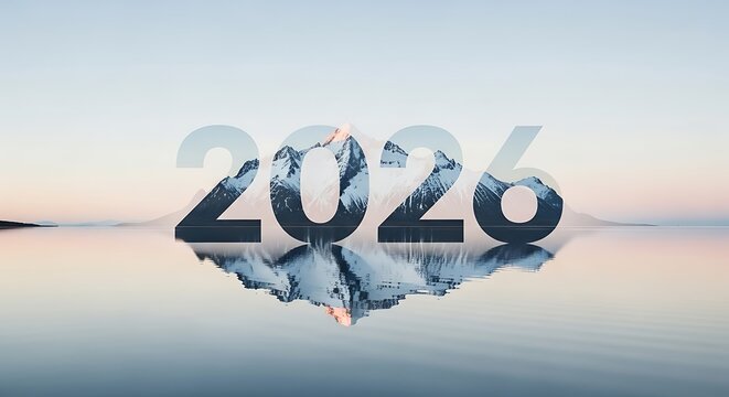 Anticipating the dawn of 2026, a serene mountain vista is mirrored in tranquil waters, promising a year of reflection and new beginnings