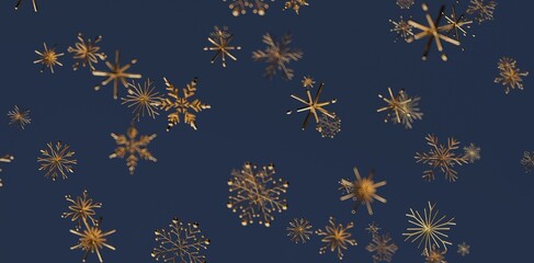Elegant image of gold snowflakes against a navy blue backdrop. Perfect for Christmas, winter, holiday, and seasonal designs. Ideal for festive b