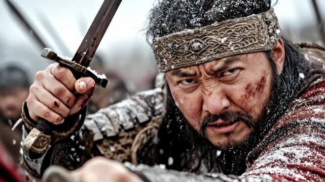 This is a powerful display embodying the tatar-mongol military style. A determined warrior with a sword engages in winter combat, expressing deep intensity during battle
