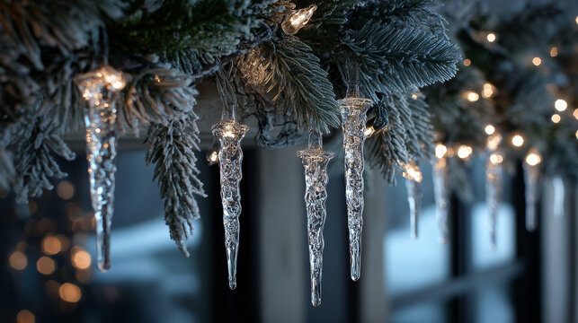 Sparkling icicle ornaments hanging from a frosty garland.