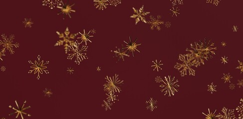 Abstract design of floating gold snowflakes on a rich burgundy background, perfect for holiday season.