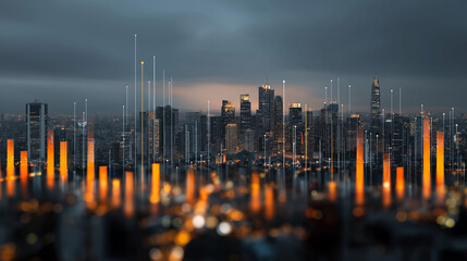 Business graph hologram overlaid on city skyline at dusk, concept of data visualization, photorealistic