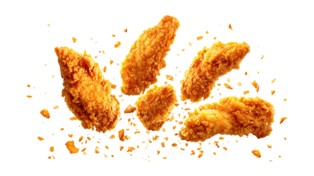 Crispy Chicken Strips Flying isolated on a transparent background