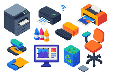 2D Printing Technology Icons. Isometric vector illustration set 2D printing, design, and technology: office printer, home printer,