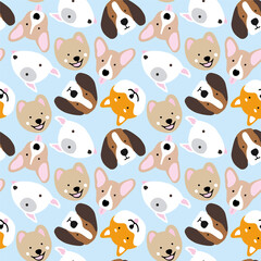 Fototapeta premium Cute Dog Faces Seamless Pattern on Blue Background | Playful Puppy Cartoon Illustration for Kids Fabric, Wallpaper, and Stationery