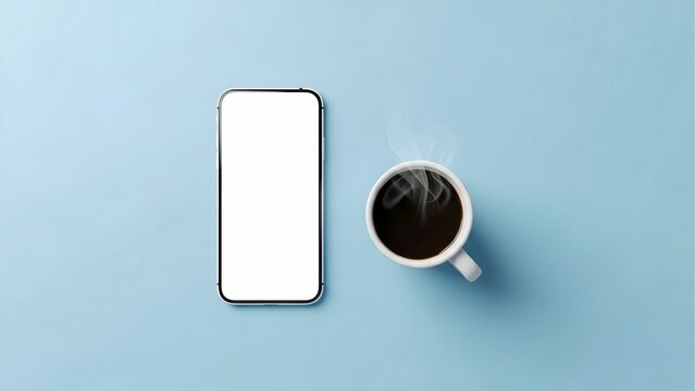 Stock photo of blank screen smartphone with coffee cup on blue background for digital marketing