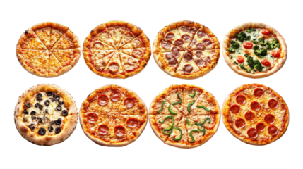 Eight whole pizzas with various toppings isolated on a transparent background