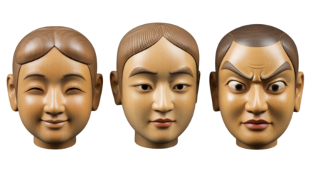 Traditional Japanese Noh Theater Masks on Transparent Background, Wooden Performance Art Masks, Three Different Expressions, transparent background 