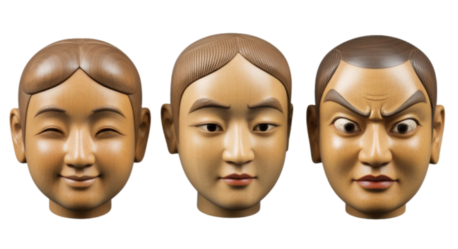 Traditional Japanese Noh Theater Masks on Transparent Background, Wooden Performance Art Masks, Three Different Expressions, transparent background 