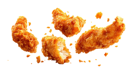 Fried chicken tenders flying isolated on a transparent background