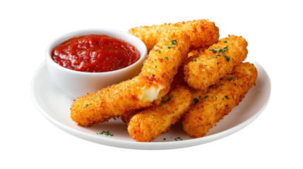 Fried Mozzarella Sticks with Marinara Sauce isolated on a transparent background