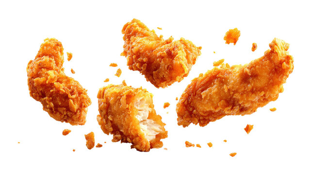Fried chicken tenders flying isolated on a transparent background