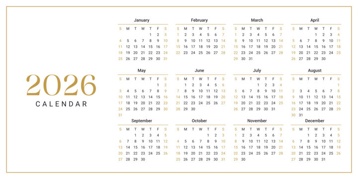 Elegant 2026 Calendar Design in Gold and White with Minimalist Layout