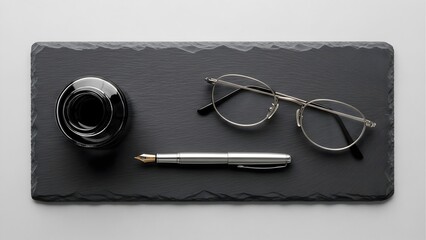 Stock photo of fountain pen inkwell and glasses on slate for writing and office supply concepts