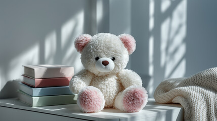 White plush teddy bear sitting near stack of kid books on white drawer commode in baby room at home