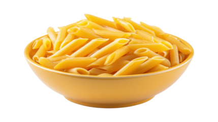 Penne pasta in yellow bowl isolated on a transparent background