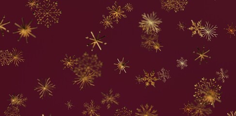 Abstract background featuring golden snowflakes on a rich burgundy backdrop, ideal for Christmas or winter holiday designs.