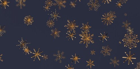 Abstract gold snowflakes floating against a deep blue backdrop, conveying winter, elegance, and festive cheer. Perfect for Christmas, New Year,
