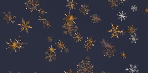 Abstract festive background with shimmering golden snowflakes on a dark blue backdrop, perfect for seasonal designs.