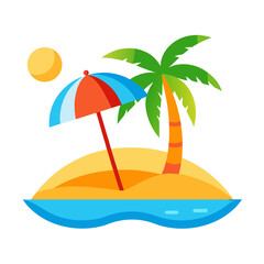 Tropical island paradise with palm tree beach umbrella and sun over blue ocean waves