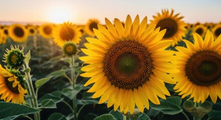 Obraz premium Golden Sunflower Field at Sunset with Bright Yellow Petals