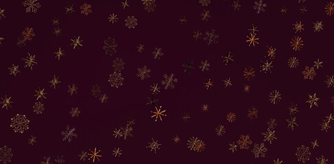 Abstract pattern of gold snowflakes falling against a dark burgundy backdrop, perfect for winter and holiday season graphics, backgrounds, and d