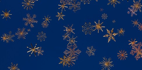 Stunning golden snowflakes falling against a deep blue sky, perfect for winter designs, Christmas, and festive backgrounds. Captures the beauty