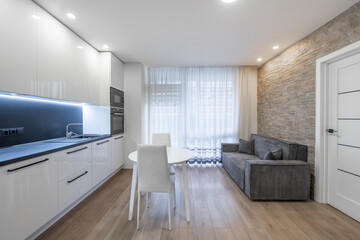 Scandinavian Style Cozy Modern Open Bright Kitchen Home Interior. Oven, Faucet, Fridge, Microwave.